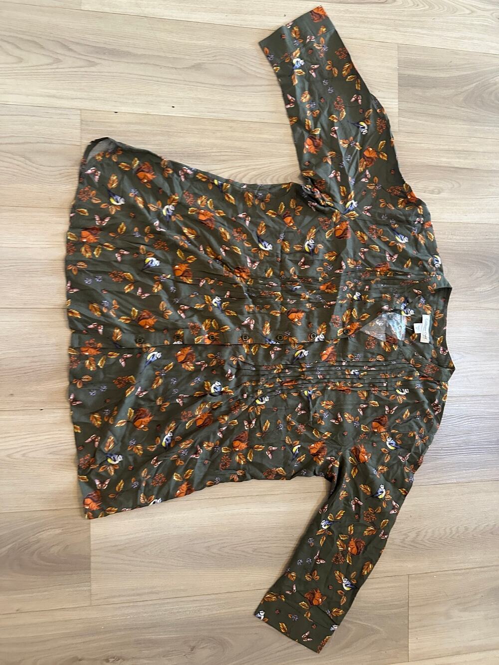 Coldwater Creek Olive Green Woodland Squirrel Bird Pleated Blouse Top XL NWT